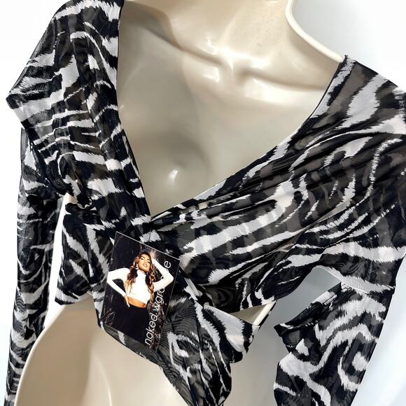 Naked Wardrobe Wrap Top NEW Sz M Style NW-C2128 Black White Zebra Print Sheer - Picture 6 of 9